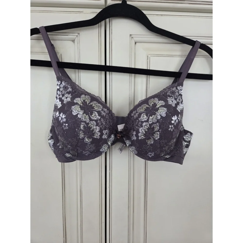 Body By Victoria‎ Perfect Shape Bra 34b Metallic Shimmer Floral mesh Lace Grey